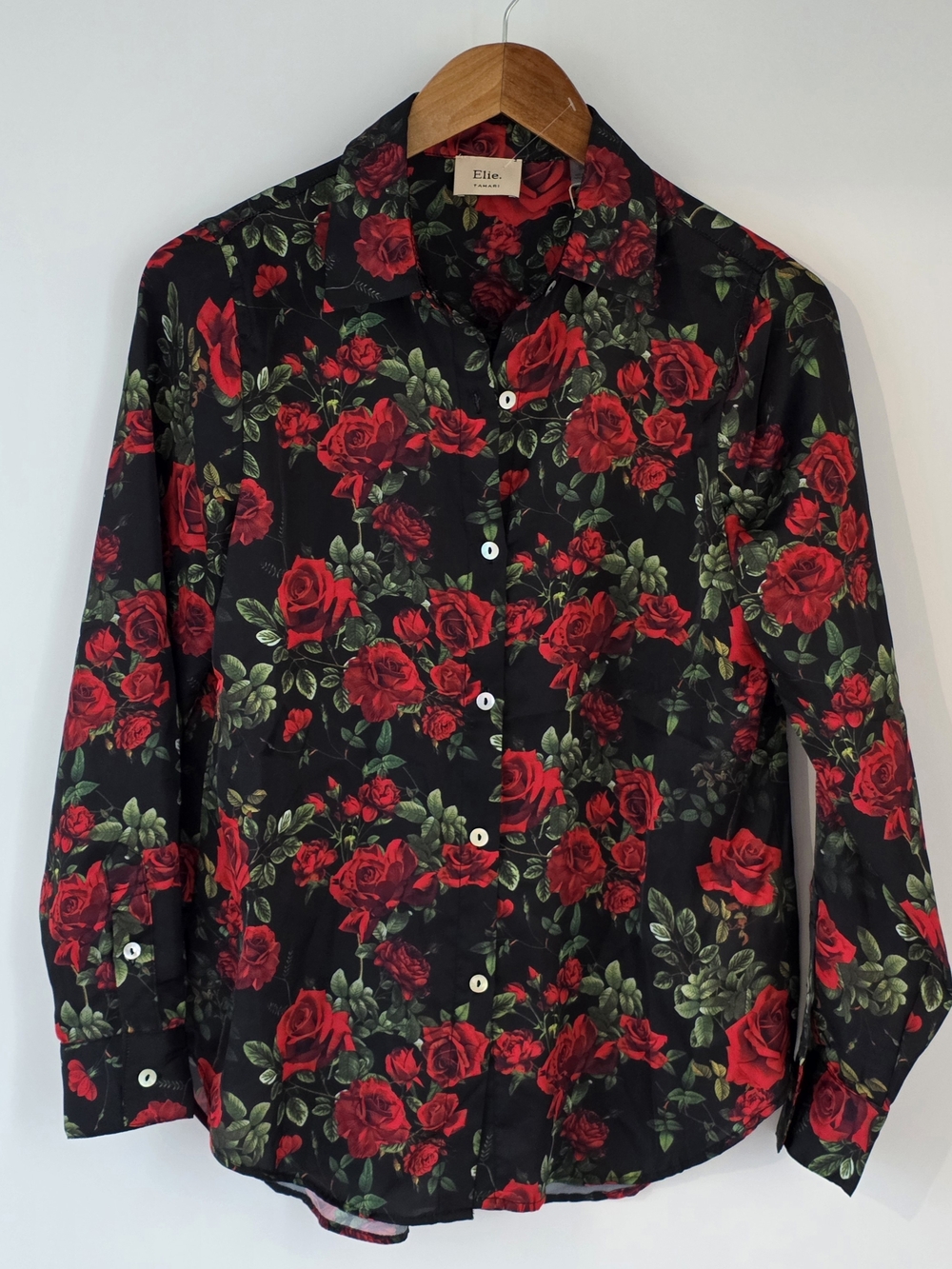 Elie Tahari Black Button Up Shirt w/Red Rose Print Long Sleeve Womens Size Small